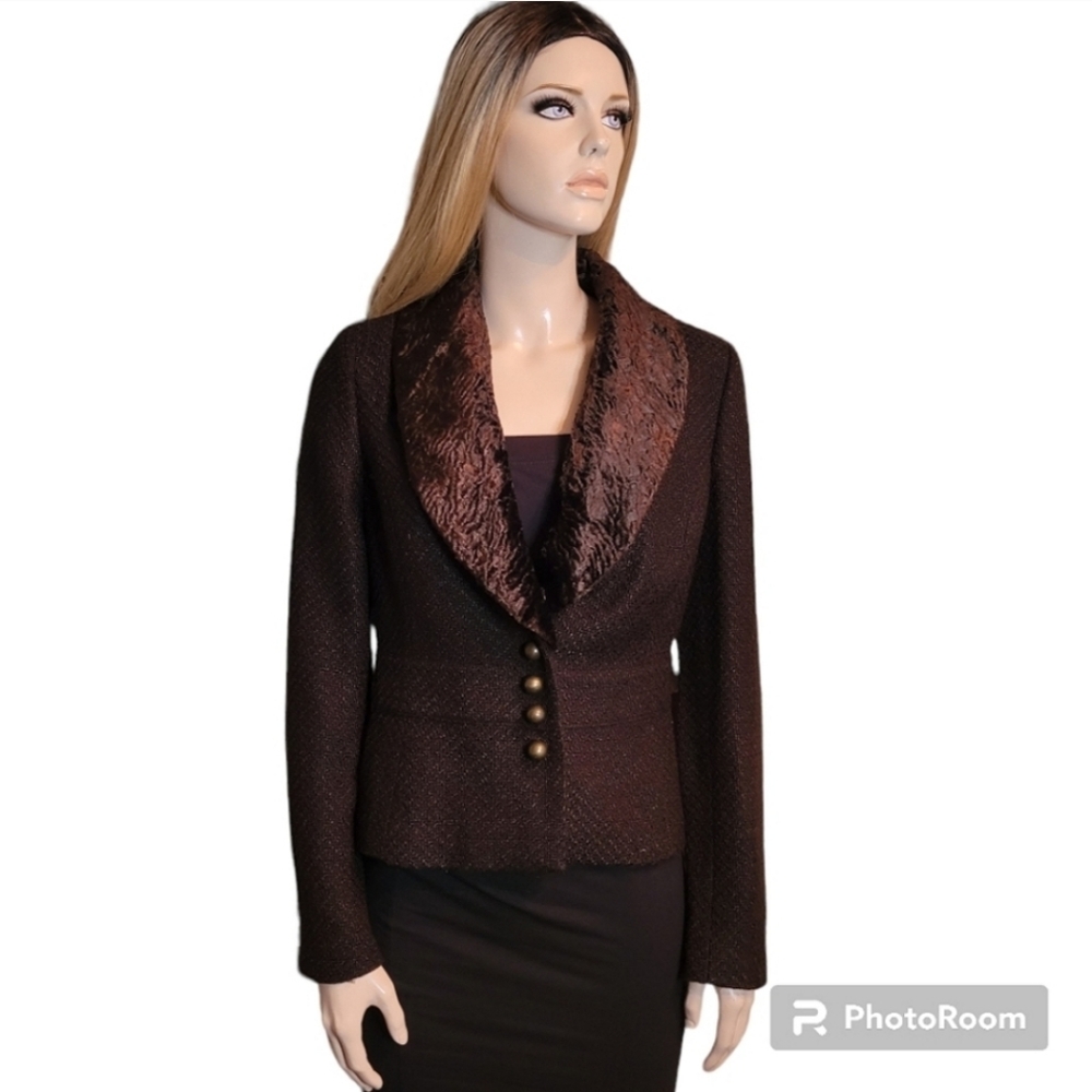 Zara Wool Blend Tweed Blazer Brass Buttons Faux Fur Collar Brown size 10